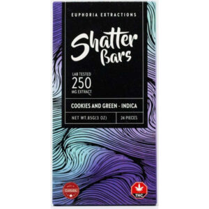 250 mg indica cookies and green flavoured shatter bar package front