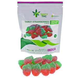 tasty thc tangy strawberies package with candy in front