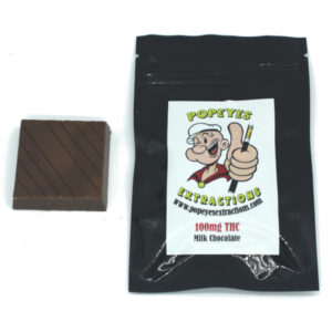 popeyes extractions milk chocolate minibar with 100mg THC packaging and product
