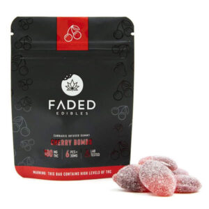 faded cannabis cherry bomb package with candy in front