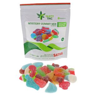 tasty thc mystery mix package with candy in front
