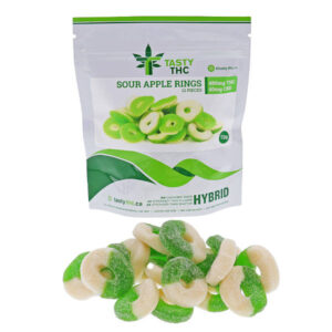 tasty thc sour apple rings package with candy in front