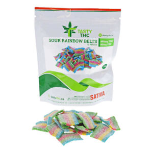 tasty thc sour rainbow belts package with candy in front