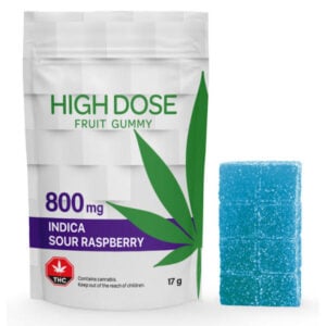 Haute dose de 800 mg de gomme aux framboises acides et emballage.