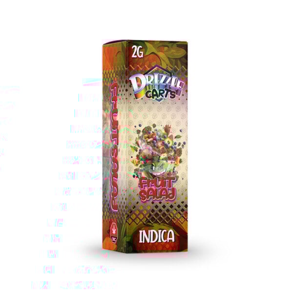 package of drizzle factory vape cartridge with fruit salad strain