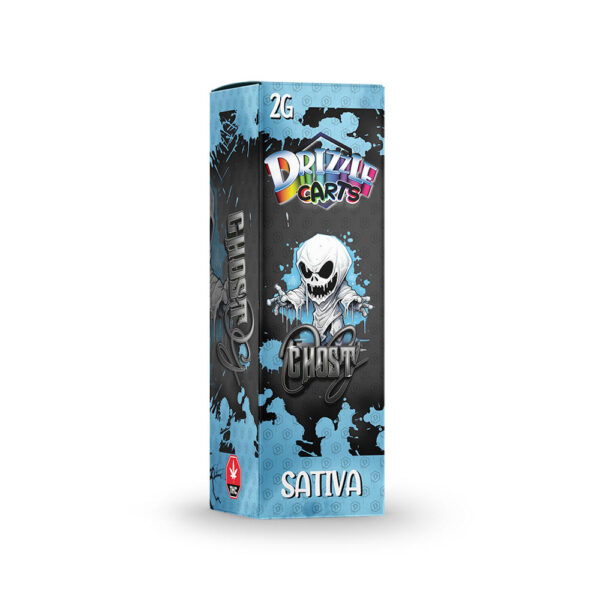package of drizzle factory vape cartridge in ghost og strain