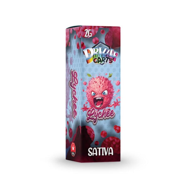 package of drizzle factory vape cartridge with lychee strain