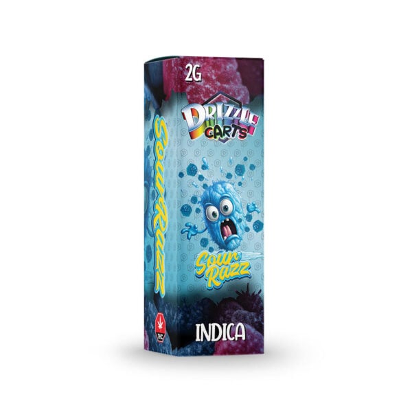 package of drizzle factory vape cartridge in sour razz strain
