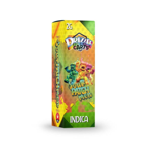 package of drizzle factory vape cartridge in sour patch men strain