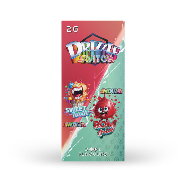 packaging of drizzle factory switch vape in sweet tooth and pom juice flavours