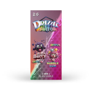 packaging of drizzle factory swtch vape in blackberry and bubble gum flavour