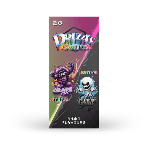 packaging of drizzle factory switch cape in grape ape and ghost og flavours