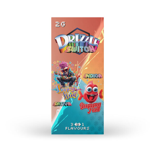 packaging of drizzle factory switch vape in loopy fruit and gummy fish flavours