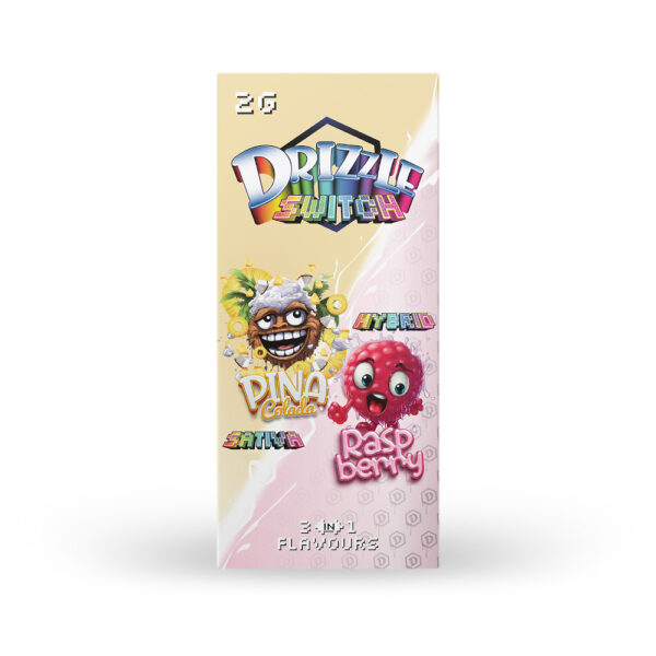 packaging of drizzle factory switch vape in pina colada and raspberry flavours