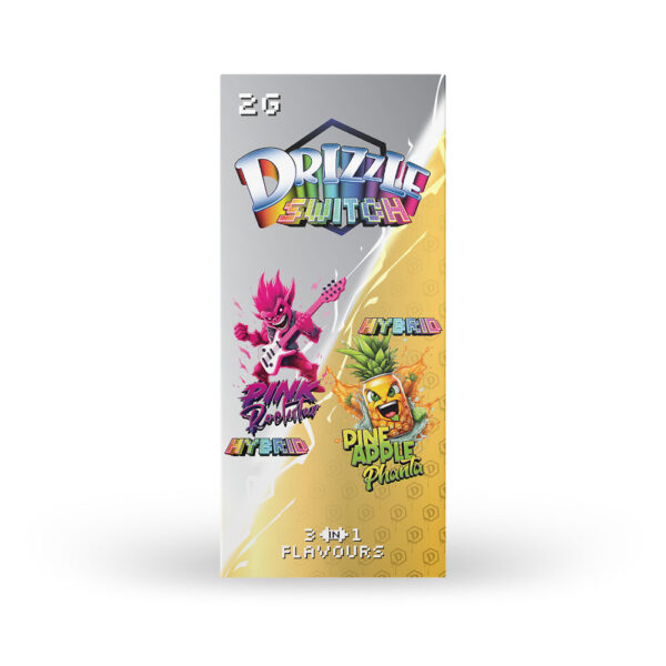 packaging of drizzle factory switch vape with pink rockstar and pineapple phanta flavours