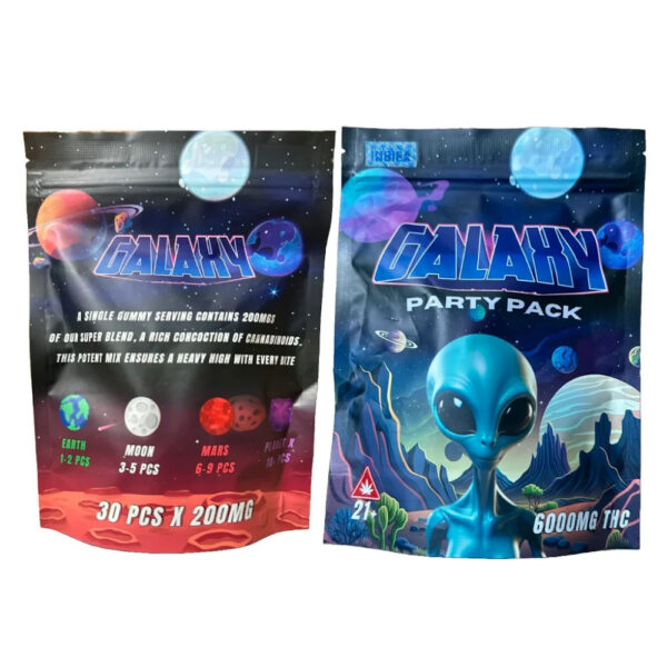 Verso et avant de l’emballage des gommes Galaxy Party Pack