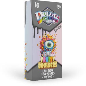 packaging of drizzle factory 1g live resin in fruity boulders flavour