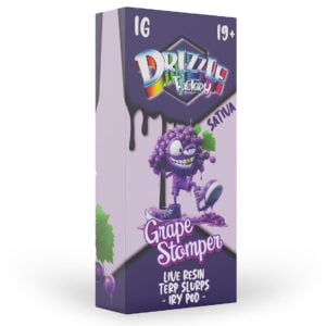 packaging of drizzle factory 1g live resin in grape stompers flavour