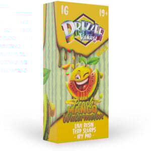 packaging of drizzle factory 1g live resin in peach, mango, watermelon flavour
