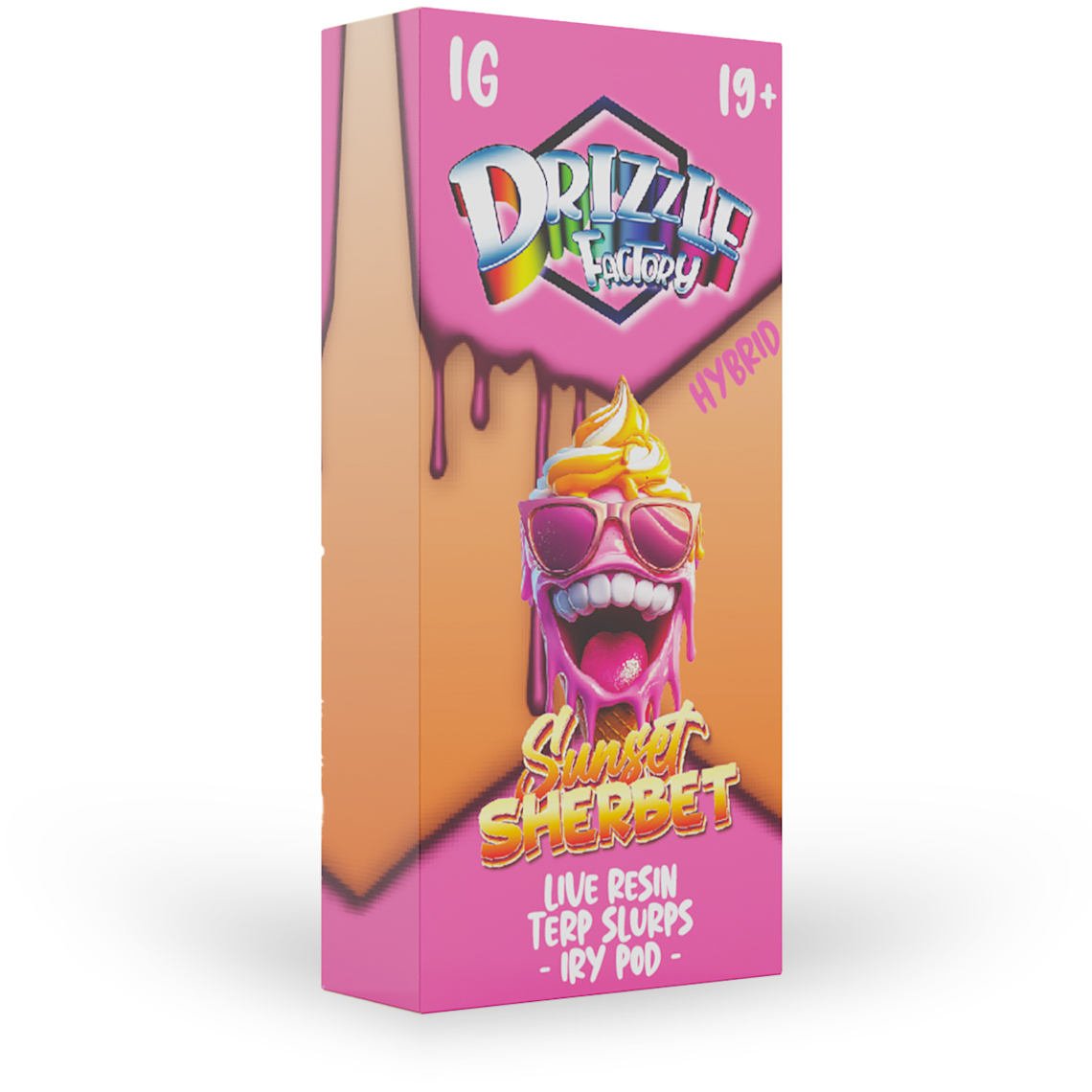 packaging of drizzle factory 1g live resin in sunset sherbet flavour